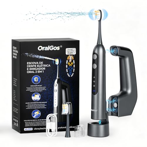 OralGos Escova de Dentes Elétrica 2 em 1 com Irrigador Oral, Preto