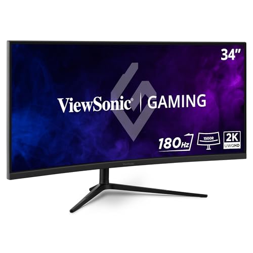 ViewSonic VX3418C-2K 34 Inch UltraWide QHD 1440p Curved Gaming Monitor with 180Hz, 1ms, 21:9, Advanced Ergonomics, FreeSync Premium, HDR10, HDMI, and DisplayPort Inputs