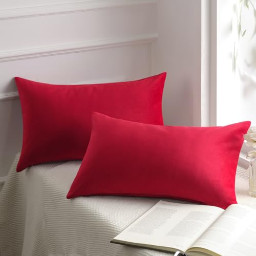 Image of Phantoscope Pack of 2 Velvet Decorative Throw Decorative Pillow Cover Soft Solid Square Cushion Case for Couch Wine Red 12 x 20 inches 30 x 50 cm