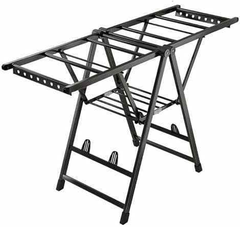 Floor Large Drying Rack with Height-Adjustable Wings and Shoe Rack, Foldable Laundry Drying Rack, 2-Tier Free-Standing Clothes Drying Rack for Indoor Outdoor