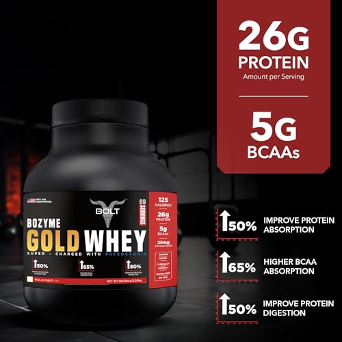 Image of Bolt Bozyme Gold Whey Protein Powder With Superfood Phycocyanin | 26 gm protein | 5g BCAA| 5lb /2.268 kg (69 Servings) | Malai Kulfi