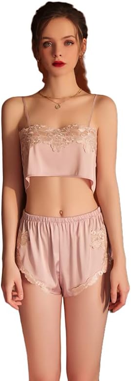 Lingerie for Women 2 Piece Embroidered Nightwear Satin Patchwork Lace Sexy Halter Top Silk Sleepwear Pj Sets