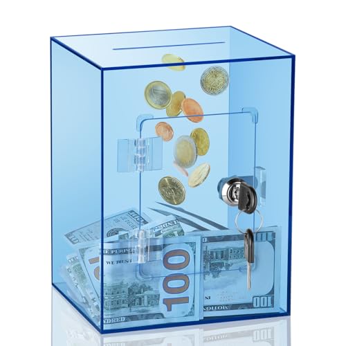 Image of Clear Piggy Bank for Adults Kids, Large Acrylic Piggy Bank Money Saving Box for Cash Saving with Key, Openable Clear Acrylic Savings Jar for Real Money (Blue)