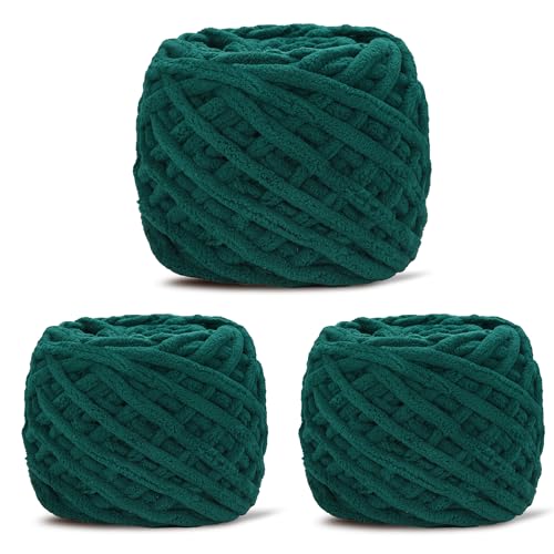 Image of 3 Pack Plush Chenille Chunky Yarn for Crocheting 100g(54.6yd) - Bulky Thick Fluffy Yarn for Knitting- Soft Velvet for Baby, Blanket Knitting Blanket Yarns- Amigurumi Yarns (3-Dark Green)
