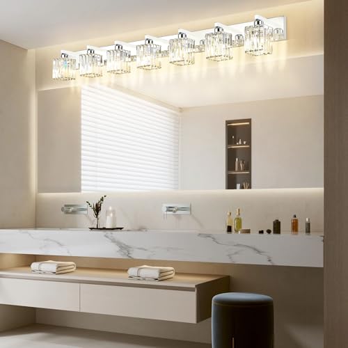 Image of Aipsun Bathroom Vanity Light Fixtures Chrome Vanity Light for Bathroom Crystal Vanity Lighting Fixtures 7 Light (Exclude Bulb)