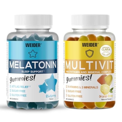 Weider PACK Melatonin + Multivit (60+80 gominolas). Pack Día & Noche para ayudar a enfrentar tu cotidiano. Combate el insomnio con 1mg melatonina por gominola + Aporta 9 Vitaminas y 13 Minerales.