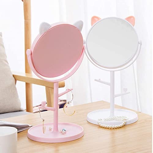 Image of Round Makeup Cosmetic Mirror Cute Cat Ears Shape Makeup Mirror for Bathroom or Bedroom with 180 Degree Swivel (Whie 379)