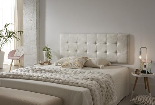 ECCOX - Cabecero de Cama Capitone a Cuadros de Tela Antimanchas Aquaclean- Cabezal Tapizado con Acolchado de Espuma y Refuerzo Trasero - Color Blanco Efecto Granito - 152 cm para Camas de 150 cm