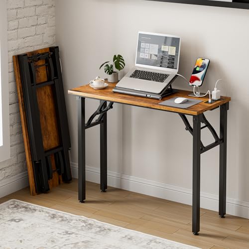 Image of Small Folding Computer Desk - 35.8 Inch Portable Table for Craft and Study, Lightweight Desk for Small Spaces, Foldable Laptop Table Built-in AC /USB Outlets for Convenience, Rustic Brown