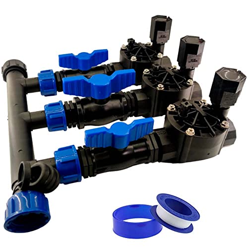RIEGOPRO Kit Colector de Riego + Electroválvula Rain Bird HV 1' + Válvulas de Mantenimiento + Rollo Teflón. Kit para Sistemas de Riego Automático (Para Programadores a Pilas (9V), 3 Estaciones)