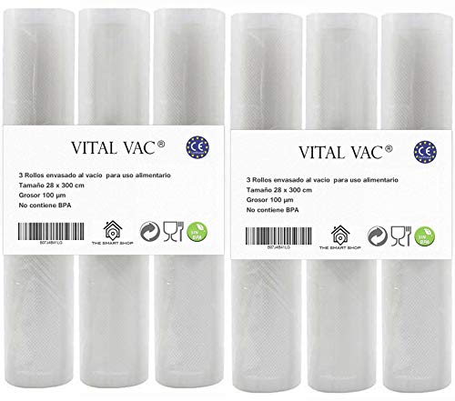 6x Rotolo Sottovuoto Goffrato per Sous Vide e Conservazione degli Alimenti. 28x300 cm - Per Foodsaver, Macom, Bonsenkitchen, ACTOPP, KitchenBoss, Aobosi...