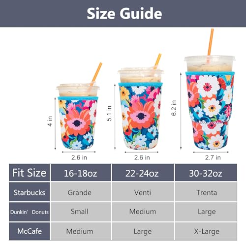 Image of 3 Pack Reusable Iced Coffee Sleeves - Xumbtvs Insulator Sleeve for Cold Beverages, Neoprene Coffee Cup Holder (Floral 03)