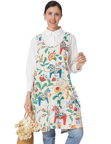 Image of Cozy Adjustable Cross Back Aprons for Women with Pockets Cotton Linen Cooking Kitchen Baking