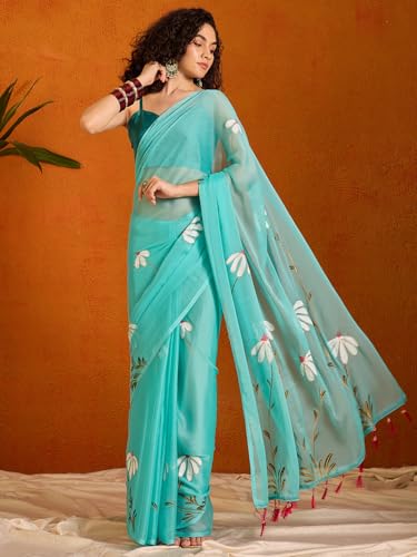 Image of SAREE MALL Women's Chiffon Daisy Floral hand paint Tassel Pallu Lightweight Summer Saree