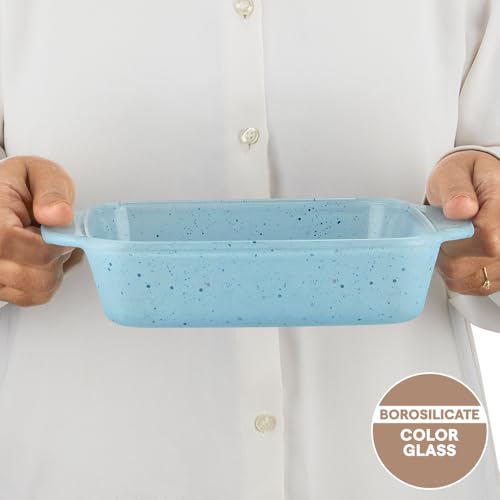 Image of Borosil 800 ml Baking & Serving Dish with Handle | Borosilicate Glass Square Shape Bakeware and Serveware Casserole Dish Tray | Microwave, Oven & Dishwasher Safe Bowl (Blue)