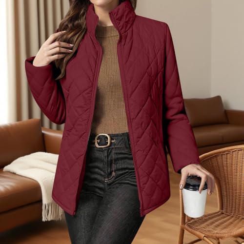 Winter Coats for Women Zip up Stand Collar Lightweight Puffer Jacket Long Sleeve Solid Splice Quilted Down Coat4