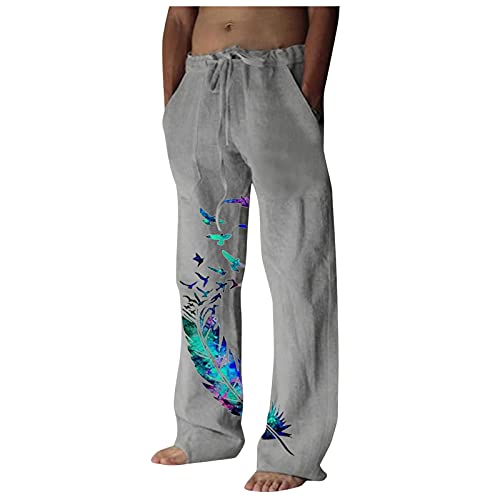 Misaky Men's Casual Drawstring Loose Fit Hippie Harem Pants Tree&Bird Print Length Pants Pocket Trousers, Ygray