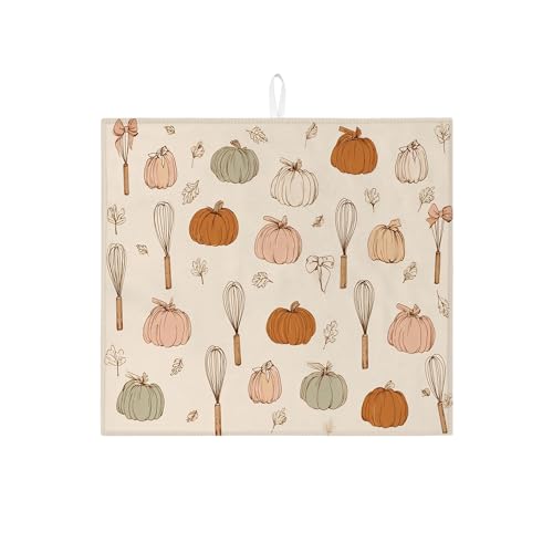 Kürbis-Abtropfmatten für Küchentheke, Herbstbesen und Schleife, saugfähiges Abtropfgestell, gemütliche Mikrofaser-Abtropfmatte für Kaffeebar, 40,6 x 45,7 cm