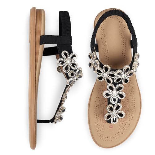 Image of iCKER Women Flat Thong Sandals Rhinestone Sparkly Boho Elastic Ankle Strap | Non‑slip,Matches Summer Dresses,for Vacation,Wedding,Evening and Festival