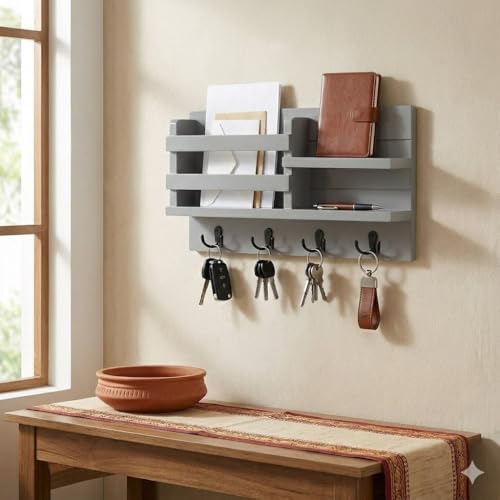 Image of Key Holder for Wall with Mail Shelf & 4 Hooks | Engineered Wood (Grey, Elegant Mail Organizer - 35.5 x 9 x 23 cm)