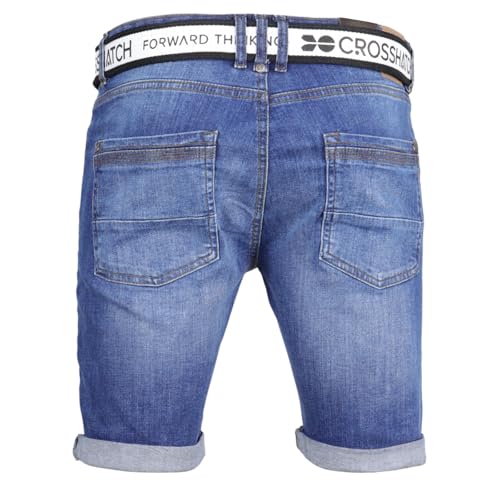 Crosshatch Denim Shorts Mens Stretch Belted Turn Up Knee Length for Summer, Holiday, Golf by Jeanbase Midwash 34 - Image 2