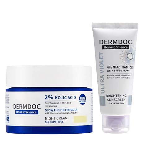 Image of DERMDOC 2% Kojic Acid Glow Fusion Night Cream (25 gm) + 4% Niacinamide Ultra Violet Brightening Sunscreen with SPF 50 PA+++ (50 gm) | Skin Brightening & Sun Protection pack of Two