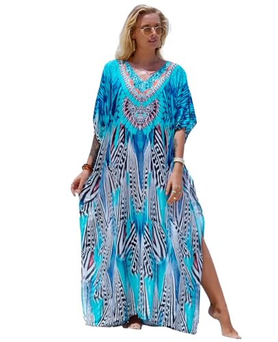 Image of sunforyou Kaftan Dresses for Women Plus Size Lightweight Swimsuit Cover up Batwing Sleeve Print Loungewear Beach Robe