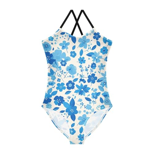 KLL Blue Flower Girls' 1 Piece Swimsuits Beach Swimming Suits Adjustable Shoulder Strap UPF 50+
