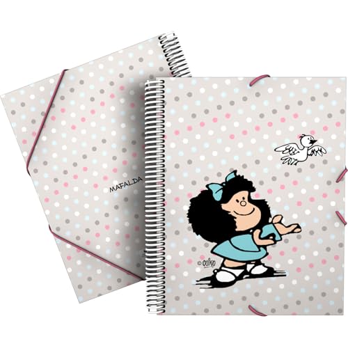 Grafoplas - Carpeta de Fundas Maxiplás, Diseño Mafalda Bird, 30 Forros de Polipropileno, Tapas Flexibles Resistentes al Agua, Cierre Gomas Elásticas, Tamaño A4, Material Escolar con Espiral PVC