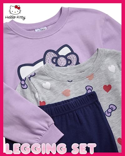 Image of Hello Kitty Girls Legging Set - 3 Piece Short Sleeve Girls Shirt Sweat Shirt Kids & Leggings Matching Set, Size 5-6, Purple /Navy