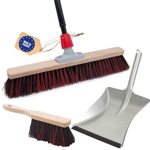 Novaliv Straßenbesen Set 50 cm I Besen Kehrblech mit Gummilippe und Handfeger Arenga-Elaston schwarz-rot