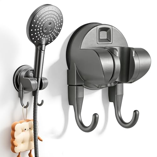 Support Pommeau de Douche Ventouse, Accroche Pommeau de Douche Réglable, Support Douchette Mural avec 2 Crochets, Réutilisable Porte Douche Sans Percage pour...
