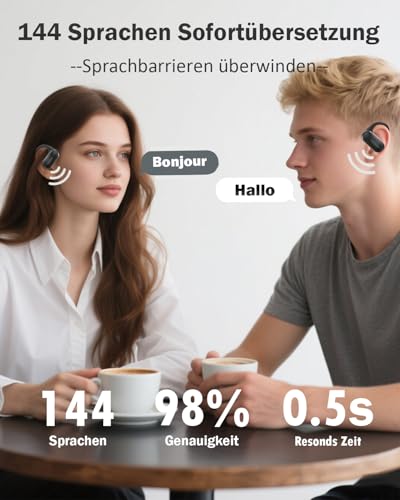 Ai Kopfhörer Übersetzer, Übersetzer Kopfhörer ohne Internet, 144 Sprachen Kopfhörer Übersetzer Echtzeit mit App, 3-in-1 OWS Übersetzer Ohrhörer für Reisen, Business und Lernen (Schwarz)