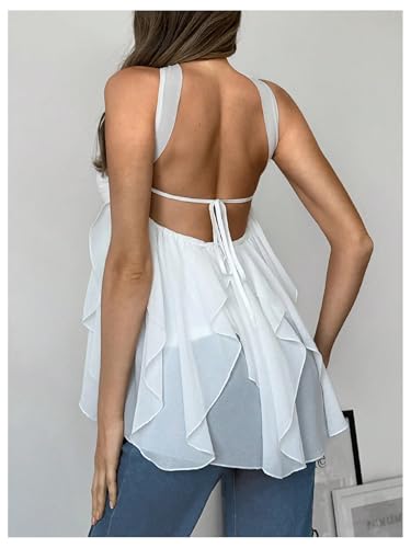 MakeMeChic Women's Y2K Halter Metal Starfish Ruffle Tank Tops Asymmetrical Tie Open Back Tops2