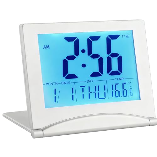 Lyai LCD Digital Travel Clock, Foldable Desktop Alarm Clock with Backlight, Date Day and Temperature Display Snooze, Small Portable Battery Powered Desktop Alarm Clock For Bedroom, Office