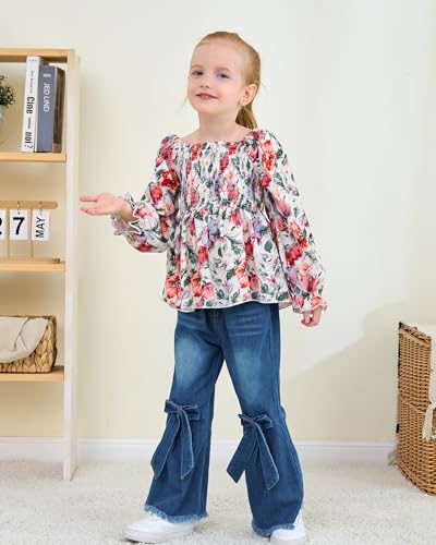 18 Months Girl Clothes Baby Toddler 24 Month Girls Clothes Puff Sleeve Red Floral Smocked Square Neck Top Flared Denim Pants Bell Bottom Clothing Winter Fall Jeans Outfit