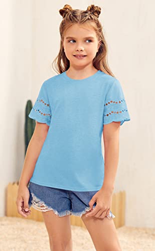 Geckatte Kids Girls' T-Shirts Short Sleeve Crewneck Cutout Summer Casual Solid Basic Tee Shirts Tops 5-14 Years Light Blue #TOP3