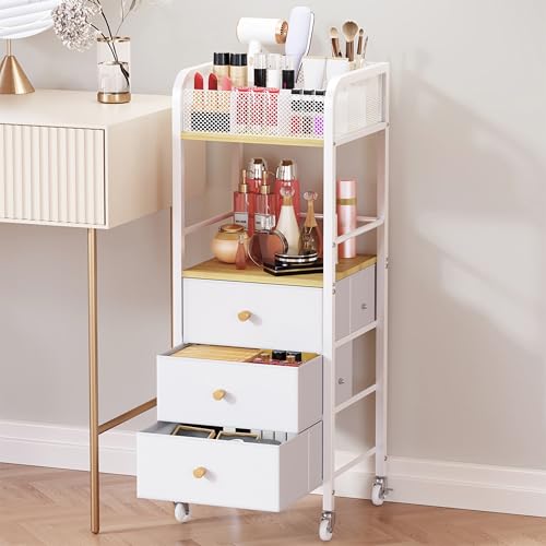 HapiRm Kosmetik Rollwagen Schminktisch Organizer - Boden-Hautpflege Rollwagen Kosmetikstudio mit 3 Schubladen, Kosmetikwagen mit Rollen Kosmetikvitrinen, Halter für Hautpflege, Parfüm, Nagellackbürste