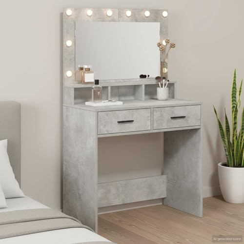 zylophax Tocador hormigón gris madera 79 x 41 x 135 cm con iluminación LED, 2 cajones, espejo plano y espacio de almacenamiento para dormitorio, vestidor, estilo moderno y cuidado