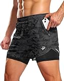 Pudolla Men's 2 in 1 Workout Running Shorts 5" with Zipper Phone Pockets Quick Dry Gym Athletic Shorts with Compression Liner(Black Camo,L)