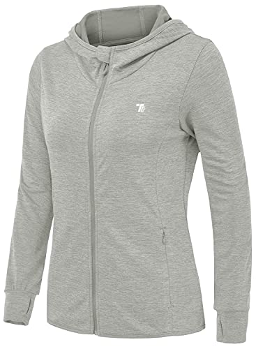 Image of donhobo Women's Running Jackets with Thumb Hole,Long Sleeve Gym Sport Zip Up Hoodie Top Breathable Quick-Dry Tops with Zip Side Pocket Silver Gray M