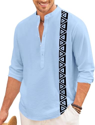 Image of FINIVO FASHION Men's Short Kurta with Printed Geometric Side Panel | Cotton Blend Full Sleeve Ethnic Topwear with Mandarin Collar | Stylish Indo-Fusion Kurta for Daily, Festive, or Casual Wear