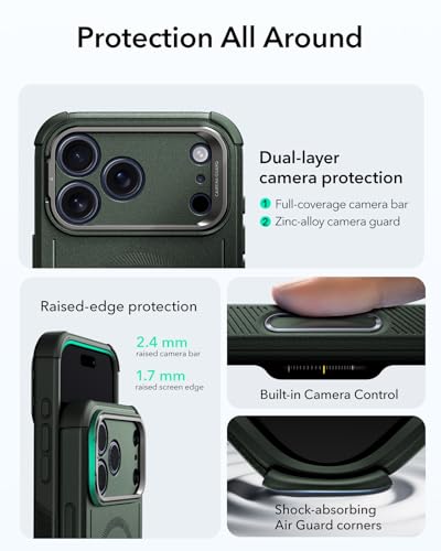Image of ESR for iPhone 17 Pro Max Phone Case with Stand, 23ft Military-Grade Drop Protection with Camera Control, Shock-Absorbing Rugged Cover, Compatible with MagSafe Accessories, Cyber Series, Green