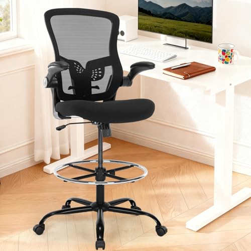 Image of Drafting Chair, Ergonomic Tall Office Chair with Lumbar Support Standing Desk Stool with Flip-up Armrests Comfy High Office Desk Chair with Adjustable Foot Ring for Counter Height Desk, Black