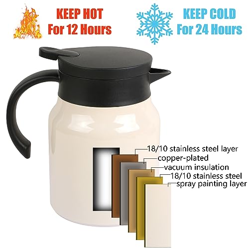 CABAX 34oz Small Thermal Coffee Carafe Tea Pot Stainless Steel, Double Wall Vacuum Insulated, 12+ Hours Hot & Cold Retention for Coffee Tea Beverage, 1L Capacity, White