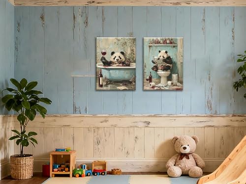 Image of Frimeeme Framed Panda Bathroom Wall Art Set of 2,12x16 Inch | Cute Panda on Toilet and in Bathtub Wall Decor Paintings for Bathroom Restroom