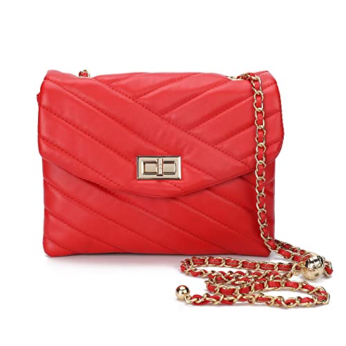 GLADDON MODA Bolsos cruzados para mujer, bolsos cruzados acolchados, bolsos de múltiples bolsillos, bolsos pequeños de cadena de rombo de bola dorada, Red