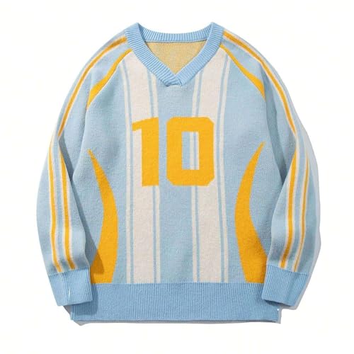 Striped Grandpa Sweater Baggy V Neck Number Graphic Sweater Oversized Color Block Long Sleeve Pullover Unisex