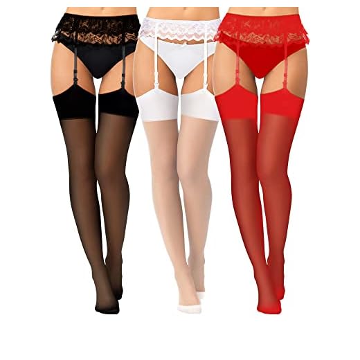 Geyoga 3 Sets Ligueros Elásticos de Encaje con Medias de Tirantes Negras Blancas y Rojas para Mujer Lencería Damas Halloween
