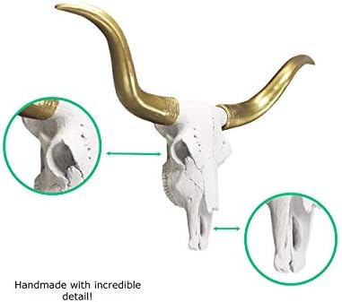 Wall Charmers MIni Faux Texas Longhorn Cow Skull Wall Hanging Sculpture The Austin Bull Head Skull in White + Gold Horns Animal Skull Wall Mount Faux Taxidermy Rustic Western Wall Decor